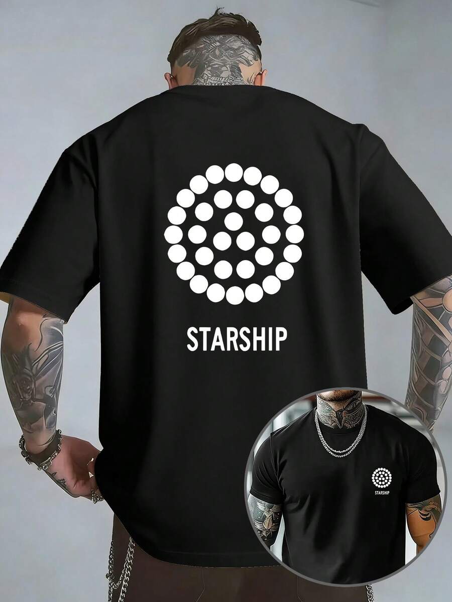 Camiseta de manga corta de doble cara para hombre, con estampado de cadena de estrellas STARSHIP, estilo ciencia ficción aeroespacial, top moderno. - Negro - Ver 1