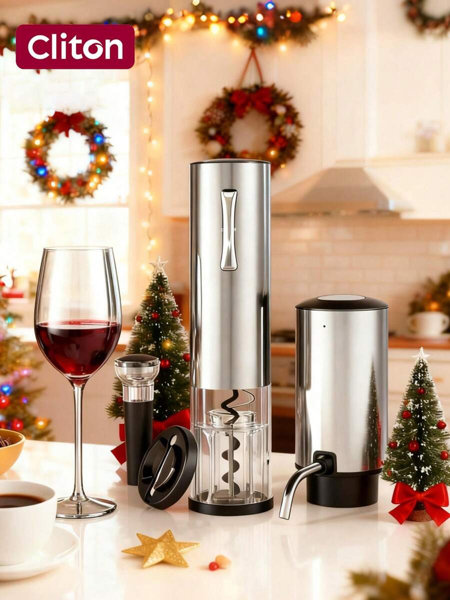 CLITON 4合1不鏽鋼電動紅酒開瓶器禮盒，USB充電一鍵式套組，附充氧倒酒器、真空塞、箔紙切割器，適用紅酒與白葡萄酒，便攜家用酒吧派對使用，適合節日、生日、週年紀念送給葡萄酒愛好者的完美禮物