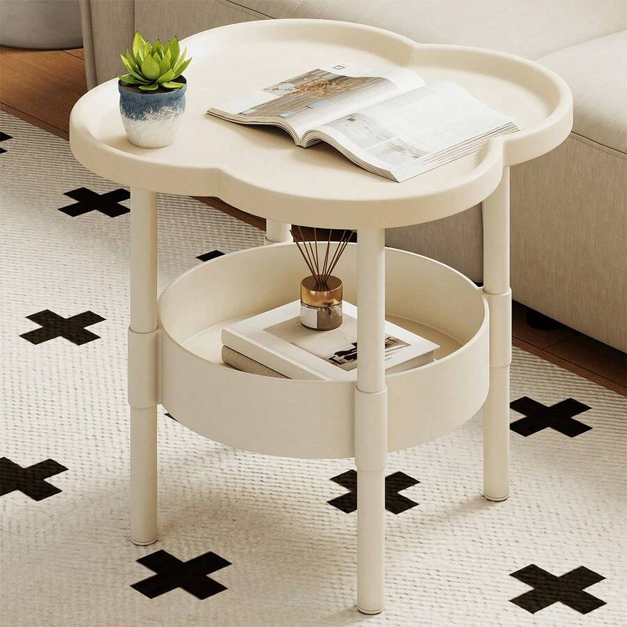 1pc Classic Fashion Storage Table, Double-Layer Design, Suitable For Bedside, Living Room Coffee Table, Office Storage Rack Or Creative Cream-Colored Modern Minimalist Side Table - Curved Anti-Collision Edge, Suitable For Kitchen, Bathroom, Bedroom Bedside Table Side Table