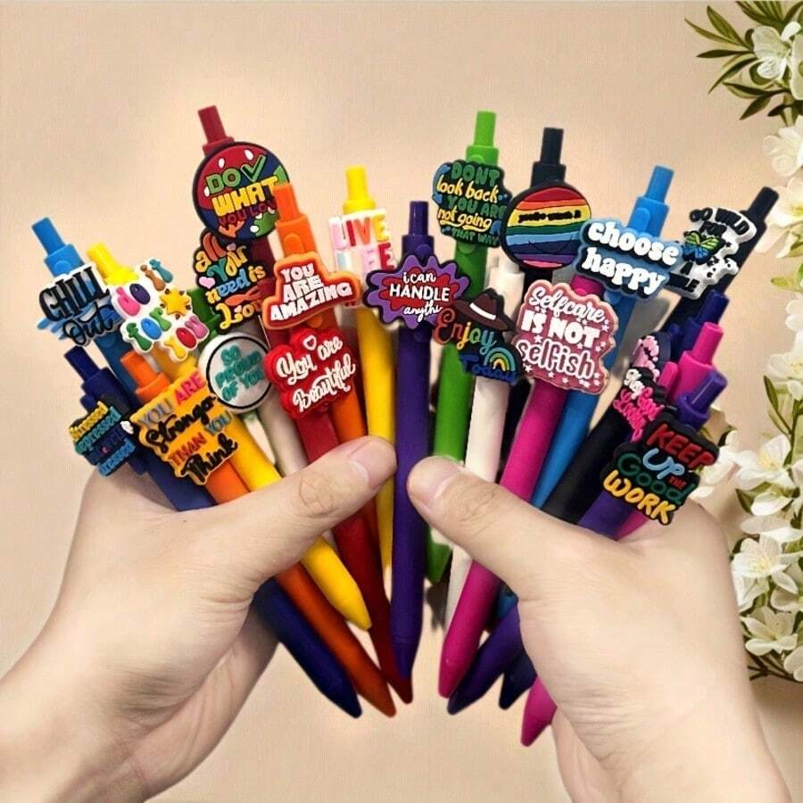 1~12pcs, Silicone Gel Ink Ballpoint Pens With Inspirational Quotes Design, Medium Tip, Durable Writing Tool, Suitable For Gifts, School, Office, Students, Employees, Back To School Supplies - A - View 1