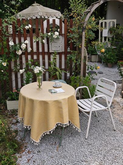 1pc Yellow Outdoor Ins-Style Decor Tablecloth – Plaid Pattern, Tassel Trim, Lightweight Fabric,Rectangular Shape, Ideal For Outdoor Garden Picnics, Patio Dining, Backyard BBQs & Fourth Of July Gatherings. Versatile For Indoor Home Decor