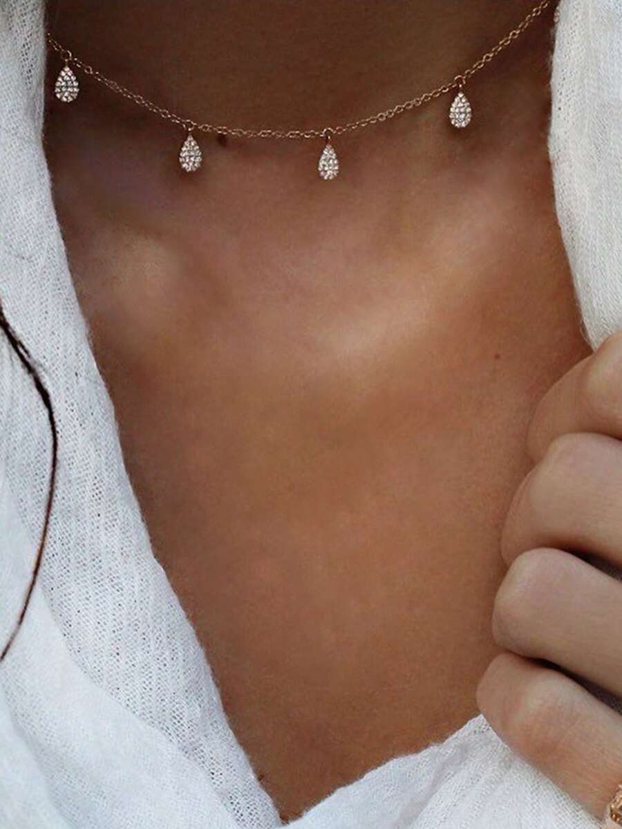1pc Women's Necklace, Beach Vacation Layered Style, Copper Inlaid Zirconia Tassel Water Drop Necklace, Simple Daily Accessory Gift - Yellow Gold - View 1