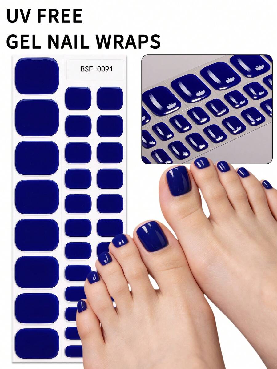 1 pièce Bandes de gel pour ongles d'orteils bleu unicolore sans UV, autocollants d'ongles d'orteils classiques et simples pour printemps/été, auto-adhésifs faciles à appliquer, convient aux femmes et aux filles pour les vacances et les manucures DIY - Bleu azur - Voir 1