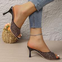 Women's High Heel Sandals, Colorful Rhinestone Embellished Stiletto Heel Slides, Party Date Outing Shoes - Gold - View 4
