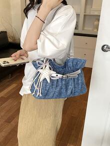New Fashion Casual Solid Color Denim Fabric Tote Bag Star Pattern Pleated Fabric Women's Shoulder Bag - Blue - View 2