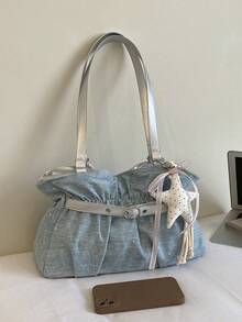 New Fashion Casual Solid Color Denim Fabric Tote Bag Star Pattern Pleated Fabric Women's Shoulder Bag - Baby Blue - View 10
