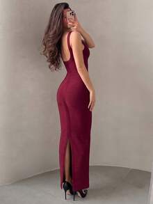 Women's Fashion Summer Sexy Elegant Backless Spaghetti Strap Red Long Ribbed Bodycon Bandage Dress, Evening Party Cocktail Nightclub Dress - Burgundy - View 11