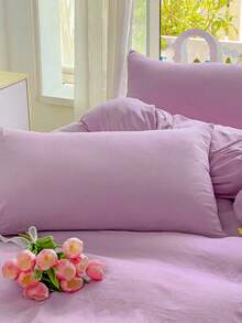 Blue And White Color Block Washed Polyester Skin-Friendly Duvet Cover 3 Pieces Set - Mauve Purple - View 6
