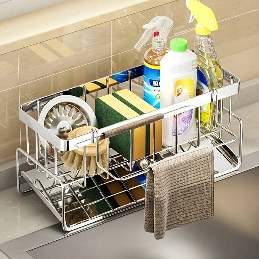1pc Stainless Steel Sink Organizer With Drip Tray, Rust-Proof Kitchen Storage Rack - Rust-Proof Kitchen Storage Shelf For Sponges, Soap Dispensers And Cleaning Cloths - Durable Countertop Accessory, Kitchen Sink Sponge Holder