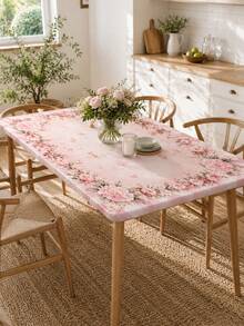 1Pc Pink Rose Round Stretch Tablecloth, Elegant Polyester Elastic Fitted Table Cover, Floral Wreath Print Washable Dustproof Table Protector Slipcover For Dining Table, Kitchen, Wedding, Party, Spring Home Decor - Multicolor - View 3