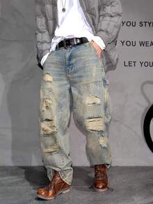 Men's New Straight Leg Cat Whisker Distressed American Casual Denim Jeans - Bronze - View 1