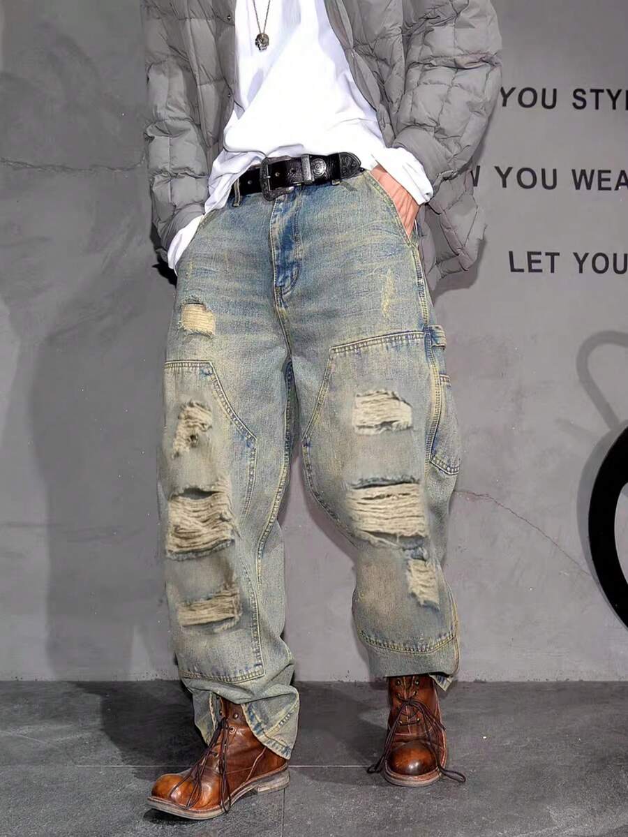 Men's New Straight Leg Cat Whisker Distressed American Casual Denim Jeans - Bronze - View 1
