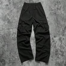 Men's Black Drawstring Waist Side Diagonal Reflective Stripe Cargo Wide Leg Long Pants - Black - View 3