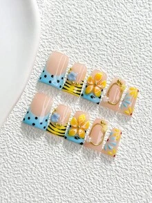 10Pcs Luxurious Style Handmade Press On Nail,Polygel Nail Set,Hand Sculpted Flower,Leopard Print,Blue,Black,Yellow Nail Polish,Leisure Style,Includes Nail Tools,3 Sizes Available,Duck,Coffin,Almond,Glitter Nails For Party,Dance,Daily Wear. - 彩色 - 查看 20