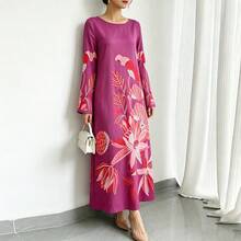 1pc Women's Orange Floral Print Casual Dress With Ruffle Sleeves, Elegant Arabic Style Maxi Dress, Luxury Party/Holiday/Vacation Dress, Perfect Gift For Mom, Daughter, Friend - Hot Pink - View 4