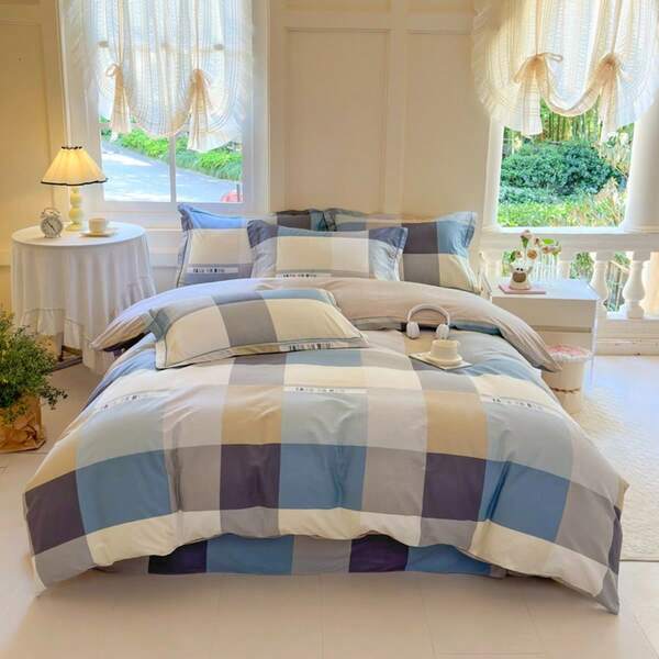 3pcs 100%Cotton Gingham Checkered Lightweight Duvet Cover Set - Breathable, Soft & Super Comfortable(1*Duvet Cover + 2*Pillowcase, Without PillowCore And Duvet Insert), Active, Fine Cotton, Comfy