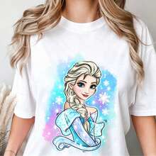Loose Fit Unisex Pure Cotton T-Shirt, Disney Frozen Elsa Tee Featuring Sparkling Snowflakes And Watercolor Background Casual Daily Short Sleeve Tee - 白色 - 查看 1