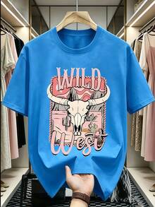 Women's Wild West Bull Skull Graphic T-Shirt, Western Casual Style, Desert Landscape Print, Short Sleeve, Casual Blouses For Ladies - 藍色 - 查看 2