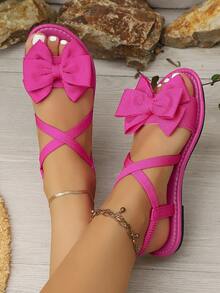 Damen Mode Schleife Strand Sandalen, Kreuzriemen Design, Schleife Flache Sandalen, Elastisches Band Damen Sandalen, Sommer Outdoor Bequeme Sandalen - Heißes Pink - Übersicht 3
