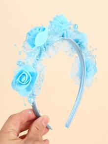 1pc Blue Lace Headband For Girls Flower Hairband Faux Pearl Hair Hoop Elegant Headwear Wedding Party Vacation Gift Headdress Teens Hair Accessories - Blue - View 7