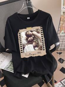 de Películas Retro Personalizadas, Notas Adhesivas Personalizadas, Regalos para Seres Queridos, Camiseta Casual de Manga Corta y Cuello Redondo, Camiseta Personalizada, Cómoda y Transpirable - Negro - Ver 1