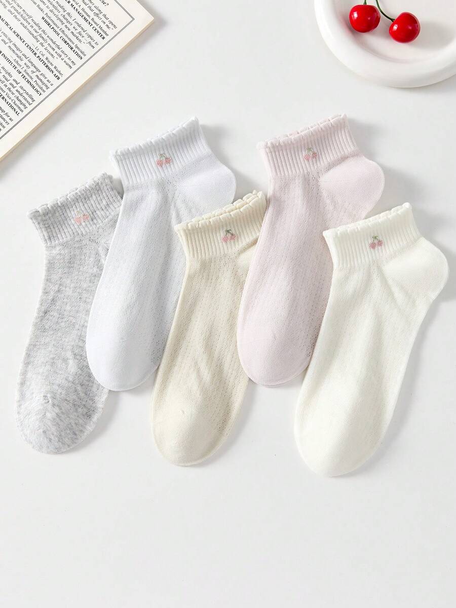 5雙女款白色櫻桃圖案網眼短襪,舒適吸濕排汗踝襪,甜美純色襪子,適合四季穿著 - 彩色 - 查看 1