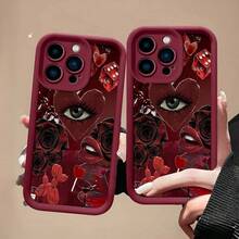 Funda para teléfono con diseño de collage de ojos y labios en tonos rojos oscuros. Compatible con Samsung, Apple, VIVO, OPPO, , Transsion, ,  y Honor. Fabricada en silicona TPU, ofrece protección contra golpes y caídas. - Burdeos - Ver 3