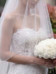 1pc Double Layer Heavy Beaded Edge Bridal Veil, Long Train Cathedral Wedding Hair Accessory, Face Covering - Cool White - W - View 4