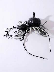 1pc European And American Black Pumpkin Ghost Hand Skeleton Mesh Fun Quirky Party Headband Artificial Flower Branch Photo Prop Masquerade Cosplay Witch Costume Party Dark Gothic Style Headband Hair Accessory - Black - View 4
