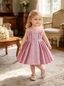 Baby Girl Sequin Patchwork Round Neck Pleated Party Dress, Suitable For Gatherings, Weddings, Birthdays, Celebrations, Formal Occasions, All Seasons - Dusty Pink - View 2