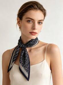 Moemton Foulard en soie bleu marine vintage avec imprimé lettres, foulard de cou élégant avec bordure rayée, convient pour les occasions sophistiquées - Noir - Voir 2