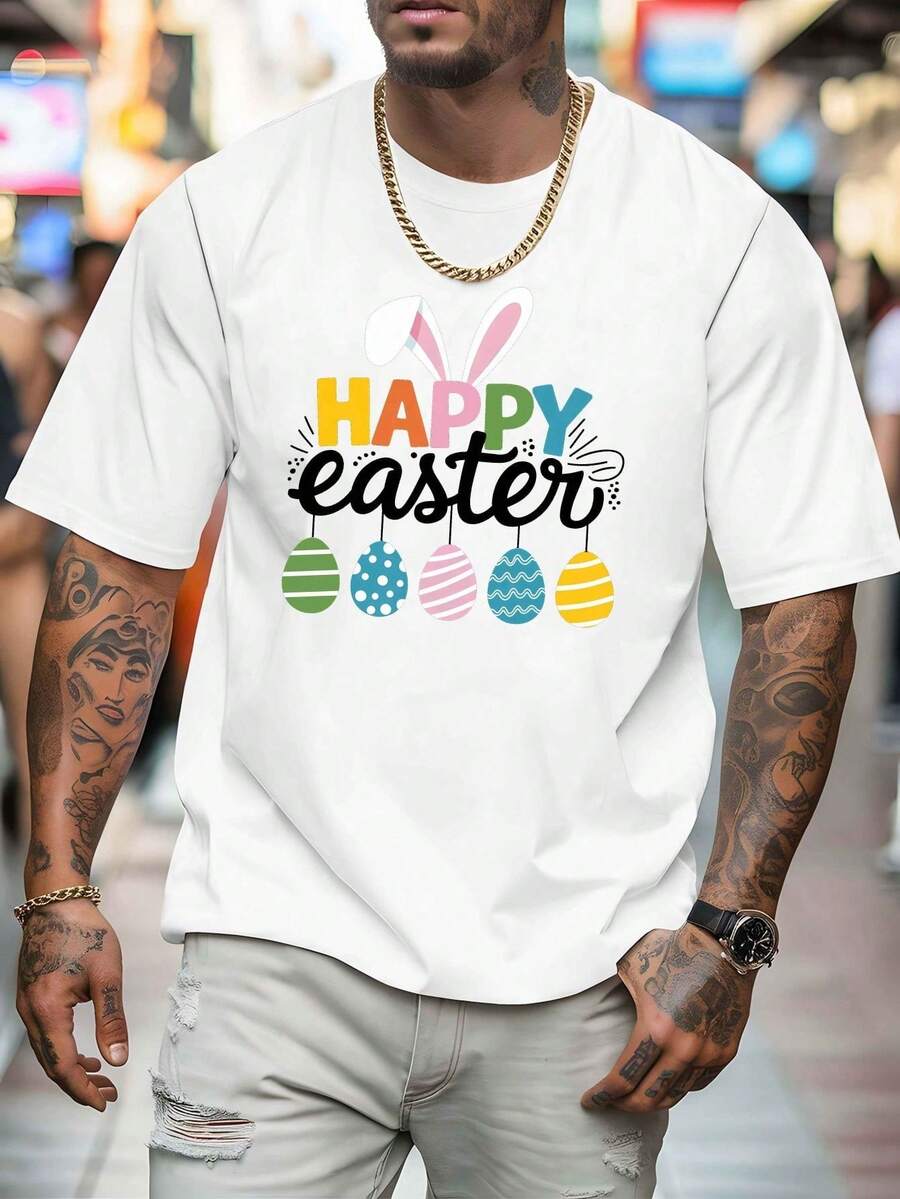 Felices Pascuas, Orejas de Conejo, Nueva Camiseta de Manga Corta para Hombre para Verano, Moda de Verano, Camiseta Básica Estampada para Hombre, Top Casual Versátil y Transpirable de Cuello - Blanco - Ver 1