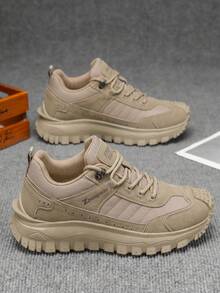 Solid Color Outdoor Lace-Up Hiking Shoes, All-Season Versatile Retro Round Toe Plus Size Street Style Thick Sole Work Boots For Men - Khaki - View 5