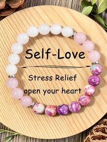 YAUKIA 8mm Rose Quartz Love Beaded Bracelet , Romotes Love , Commitment And Compassion , Yoga Meditation Jewelry , Suitable For Seaside Travel , Beach - Multicolor - View 1