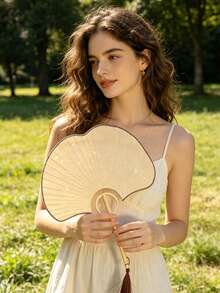 Foldable Hand Fan, Handmade Fan, Handheld Fan, Fashion Accessory For Women, Portable Mini Electric Fan, Double-Sided Ginkgo Leaf & Floral Pattern Handcrafted Fan, Lightweight Portable Rice Paper Hand Fan For Summer Cooling, Festival Decoration - Multicolor - View 1