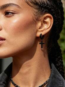 Xiacheng 1Pair/Set Cross Earrings Set For Men Women Dangle Hinged Earrings Of Dangle Hinged Earrings Cross Hoop Slivery And Black Earrings - Multicolor - View 3