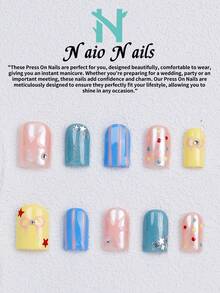 NAIO 10入手工壓接式假指甲，3種尺寸（棺材形/杏仁形/短方型），Y2K可愛風，粉藍黃閃亮星星、條紋、亮片圓點水鑽粉色蝴蝶結裝飾，附工具組，適合女性女孩日常派對穿搭，禮品美甲用品 - 彩色 - 查看 16