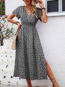 Floral Dress With Butterfly Sleeves And Leg Slit - Black - View 5