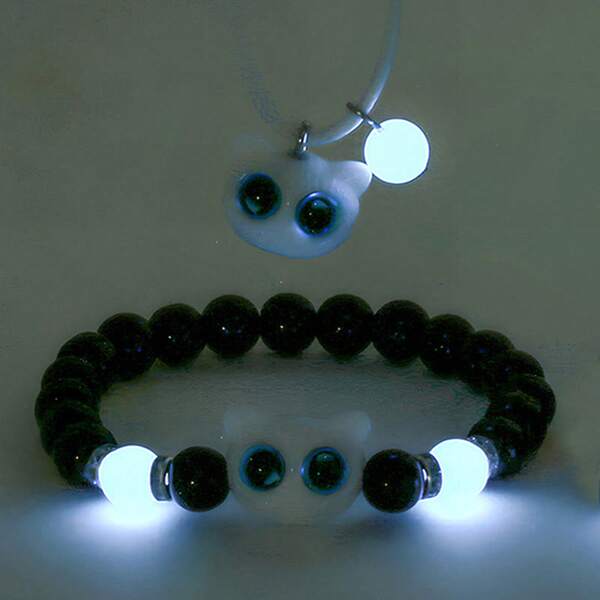 Xanight Glow-In-The-Dark Cheese Cute Kitten Ceramic Bracelet, Black And White Cat Couple Bracelet, Gift For Girlfriend