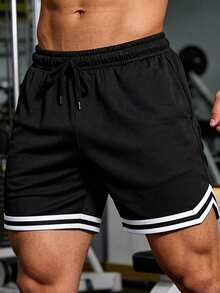 1 pieza Pantalones cortos de verano estilo novio para hombres, para correr, gimnasio, entrenamiento, trotar, baloncesto, fútbol, pantalones cortos deportivos de color contrastante - Negro - Ver 2