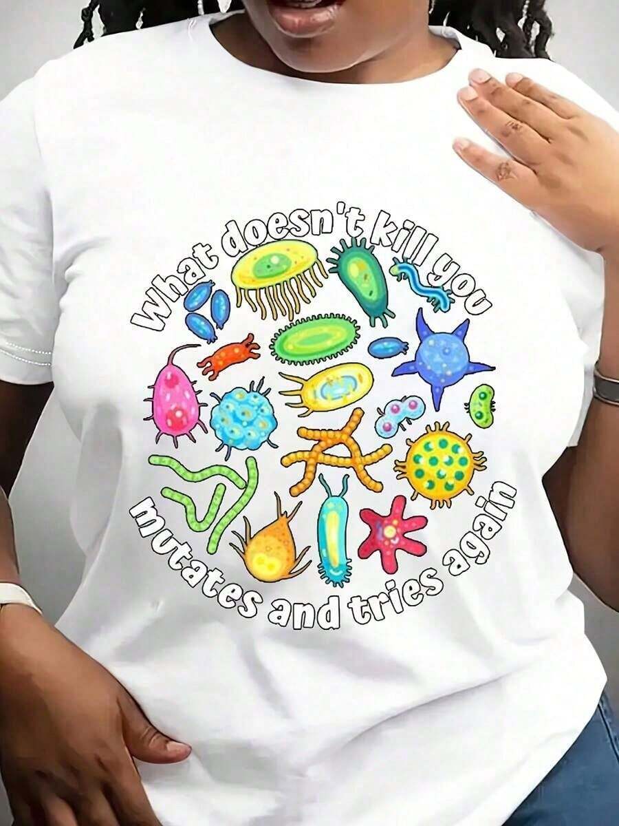 Plus Size Elegant Blouses For Women 100% Cotton Funny Virus Science Teacher T-Shirt, Loose Fit, Casual Crew Neck T-Shirt For Women - 白色 - 查看 1