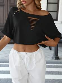 Camiseta de Manga Corta para Mujer, Estilo Casual con Dobladillo Enrollado, Manga Murciélago y Corte Holgado, Cómoda y Desgastada - Negro - Ver 3