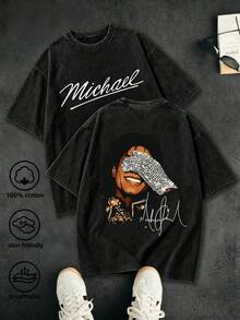 Michaeles Jacksones Vintage Washed T-Shirt,Front And Back Double Print Rock Star Print American Top,Music Legend,Rock Star,Vacation Outfits Men,Street Outings, And Daily Commuting,Vintage Street Style Unisex Loose Cotton Short Sleeve Crew Neck T-Shirt,Summer Clothes Men,Y2K T Shirts Men,Essential For Fans And Fans,Concert,Spring And Summer New Arrivals,Men's 100% Cotton Breathable Casual Shirt,Suitable For Travel, - 黑色 - 查看 1