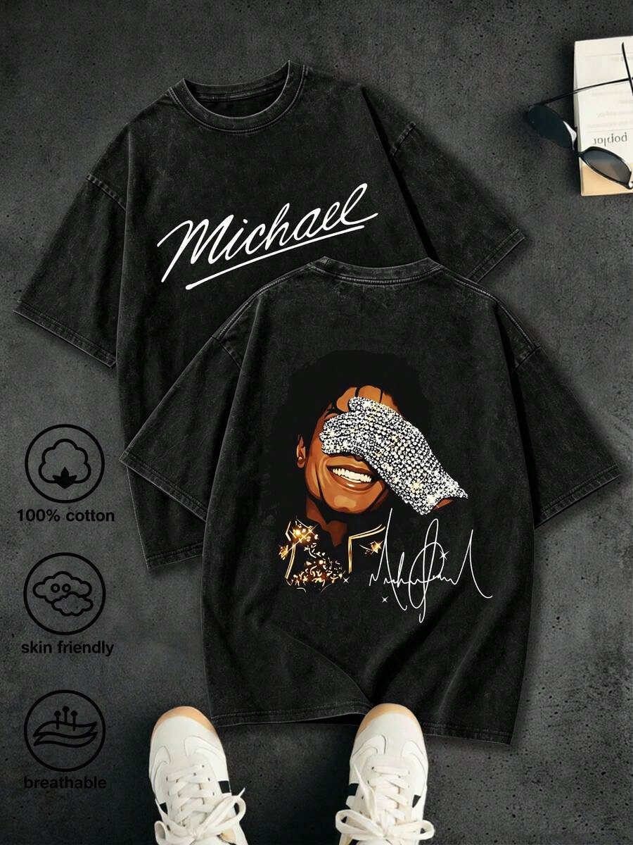 Michaeles Jacksones Vintage Washed T-Shirt,Front And Back Double Print Rock Star Print American Top,Music Legend,Rock Star,Vacation Outfits Men,Street Outings, And Daily Commuting,Vintage Street Style Unisex Loose Cotton Short Sleeve Crew Neck T-Shirt,Summer Clothes Men,Y2K T Shirts Men,Essential For Fans And Fans,Concert,Spring And Summer New Arrivals,Men's 100% Cotton Breathable Casual Shirt,Suitable For Travel, - 黑色 - 查看 1