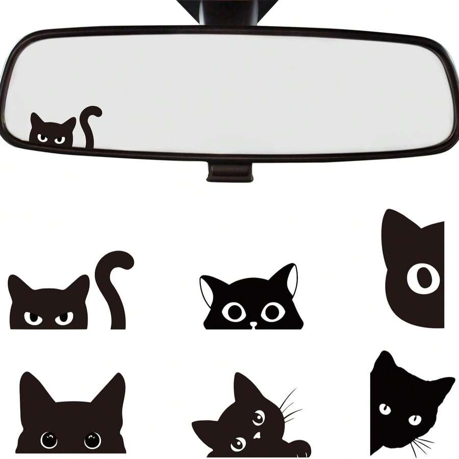 Stiker Kucing Mengintip untuk Kaca Spion - Set 6 Buah Stiker Kaca Spion Mobil Tahan Air Hitam Aksesori Bumper Kucing Mengintip untuk Mobil Truk Botol Minum Laptop Dekorasi Botol Minum - A - View 1