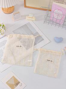 Lace Mesh Drawstring Bags Daisy Embroidered Storage Pouches Lightweight Portable Organizers For Travel Cosmetics Bag Beige Floral Design Makeup Bags - Beige - View 5