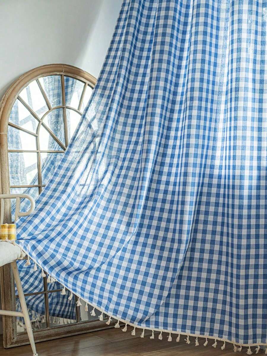 1 buah Tirai Minimalis Bermotif Kotak-kotak Gaya Amerika, Cocok untuk Kamar Tidur, Ruang Tamu, dan Balkon - Kotak-kotak biru - View 1