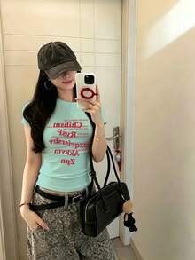 女款美式街頭風修身版型正肩短袖T恤，夏季顯瘦百搭薄荷綠休閒上衣 - 薄荷綠-1 - 查看 3