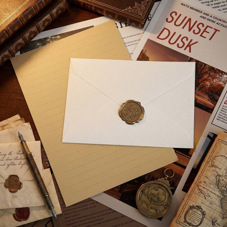 16pcs Linen Envelopes Stationery Set Vintage V-Flap Invitation Paper For Wedding Graduation Baby Shower Postcard Holder - A - View 1