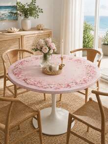 1Pc Pink Rose Round Stretch Tablecloth, Elegant Polyester Elastic Fitted Table Cover, Floral Wreath Print Washable Dustproof Table Protector Slipcover For Dining Table, Kitchen, Wedding, Party, Spring Home Decor - Multicolor - View 7